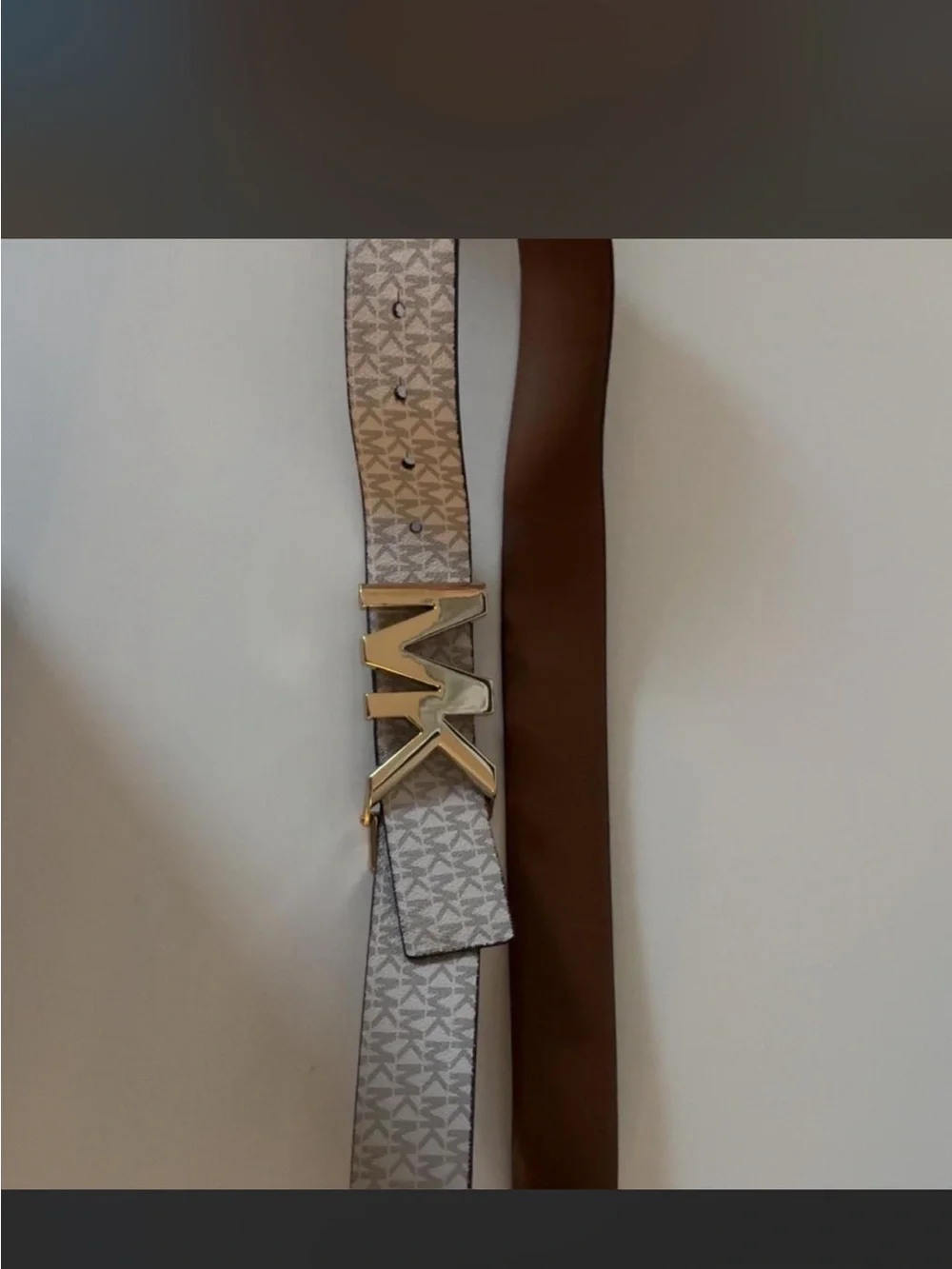 MICHEAL KORS Beige Monogram Leather Belt with Gold 'MK' Buckle
